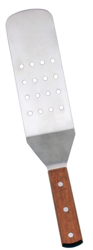 Satin Stainless Steel Flexible Kitchen Turner with 9 1/2" x 3" Perforated blade and Short Wooden Handle